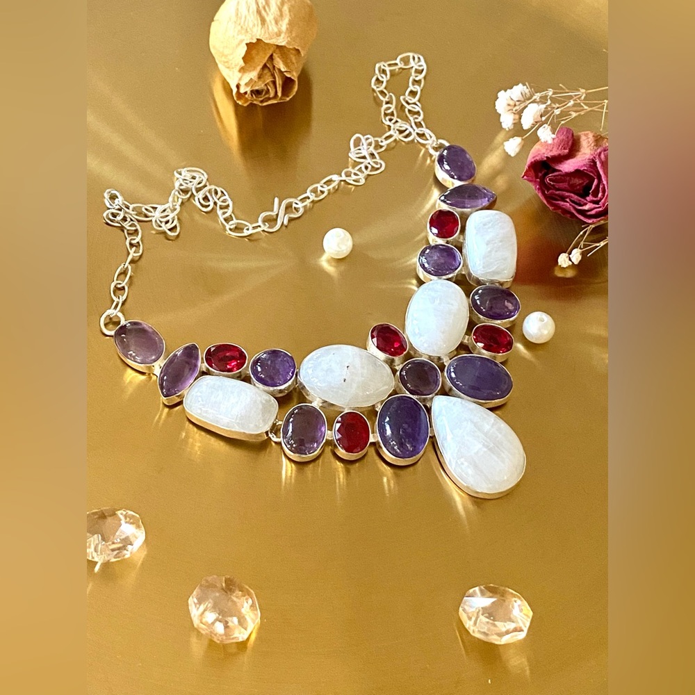 Rainbow Moonstone, Amethyst And Garnet Cluster Necklace - Picture 1 of 13